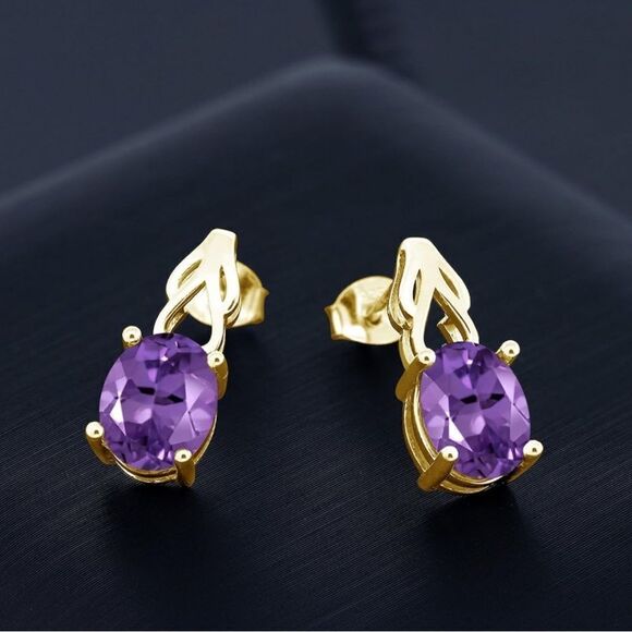 18K Yellow Gold 925 with 3.32 Cttw Amethyst Oval Post Back Drop Earrings - Picture 2 of 4